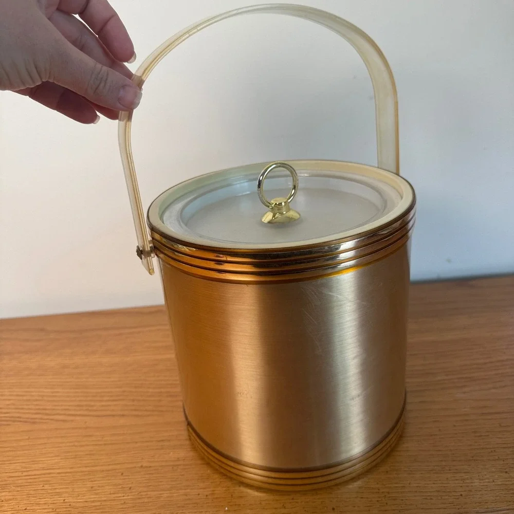 Vintage Mid Century Gold Brushed Metal Ice Bucket with Lid Tongs‎ Made in USA